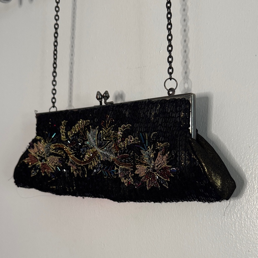 White House Black Market Black Sequin Floral Chain Clutch - Picture 2 of 5